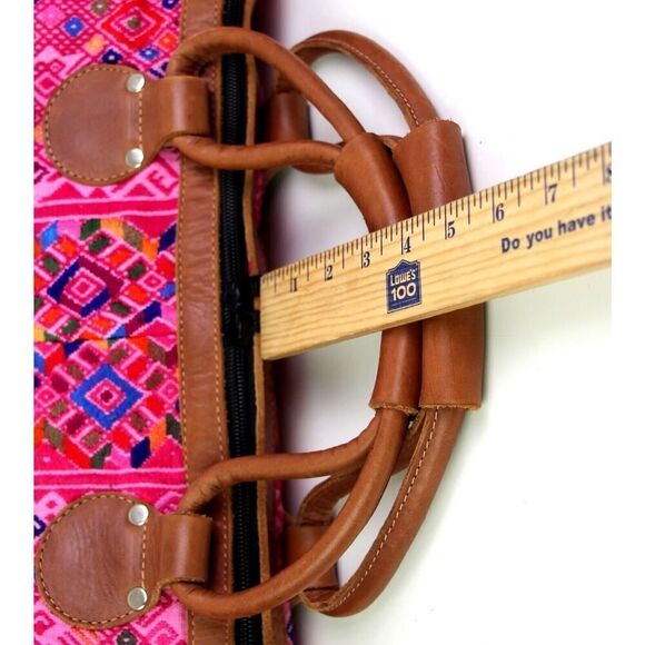 ROOMY HANDCRAFTED MULTICOLOR PINK KILIM BROWN LEATHER TRIM SHOULDER BAG HANDBAG - Picture 13 of 14